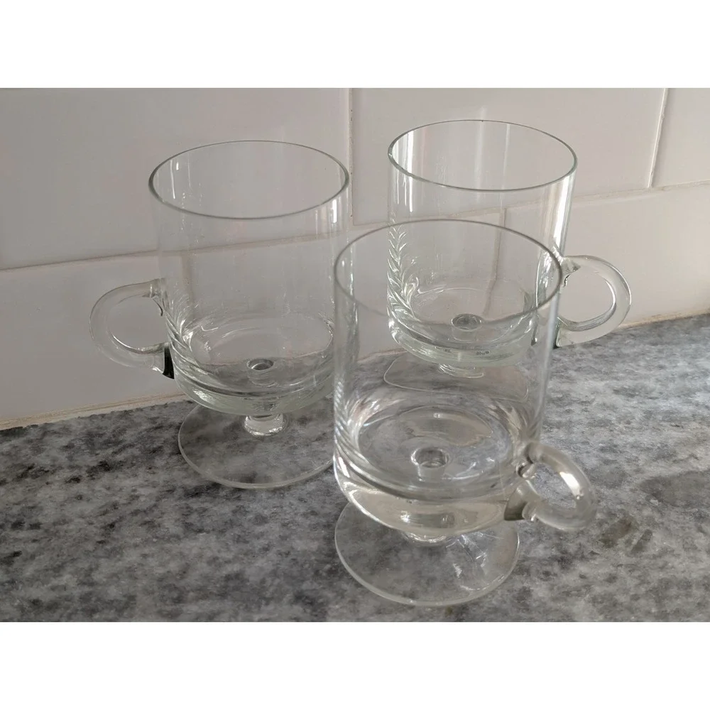 Vintage Clear Glass Footed Pedestal Coffee Mugs Cups Set of 3 Loop Handles 5